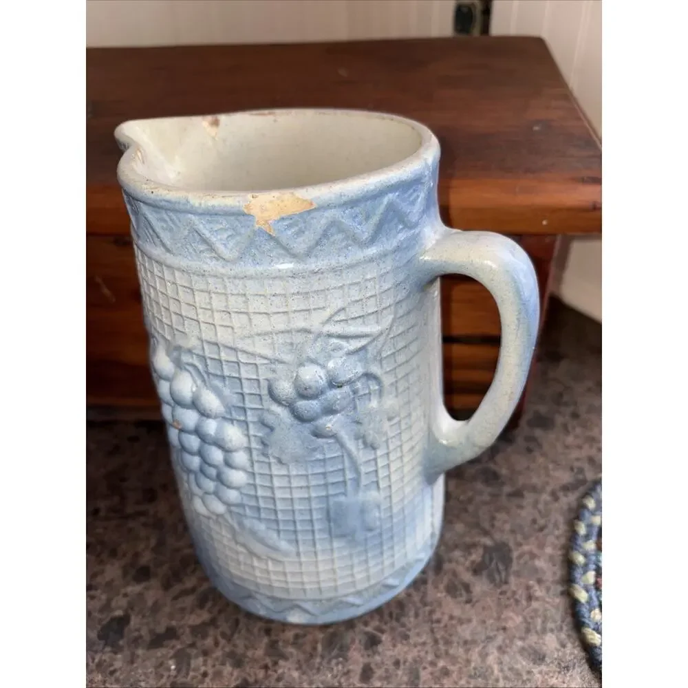Antique Brush McCoy Salt Glazed Stoneware Pitcher w/ Blue Grape & Lattice